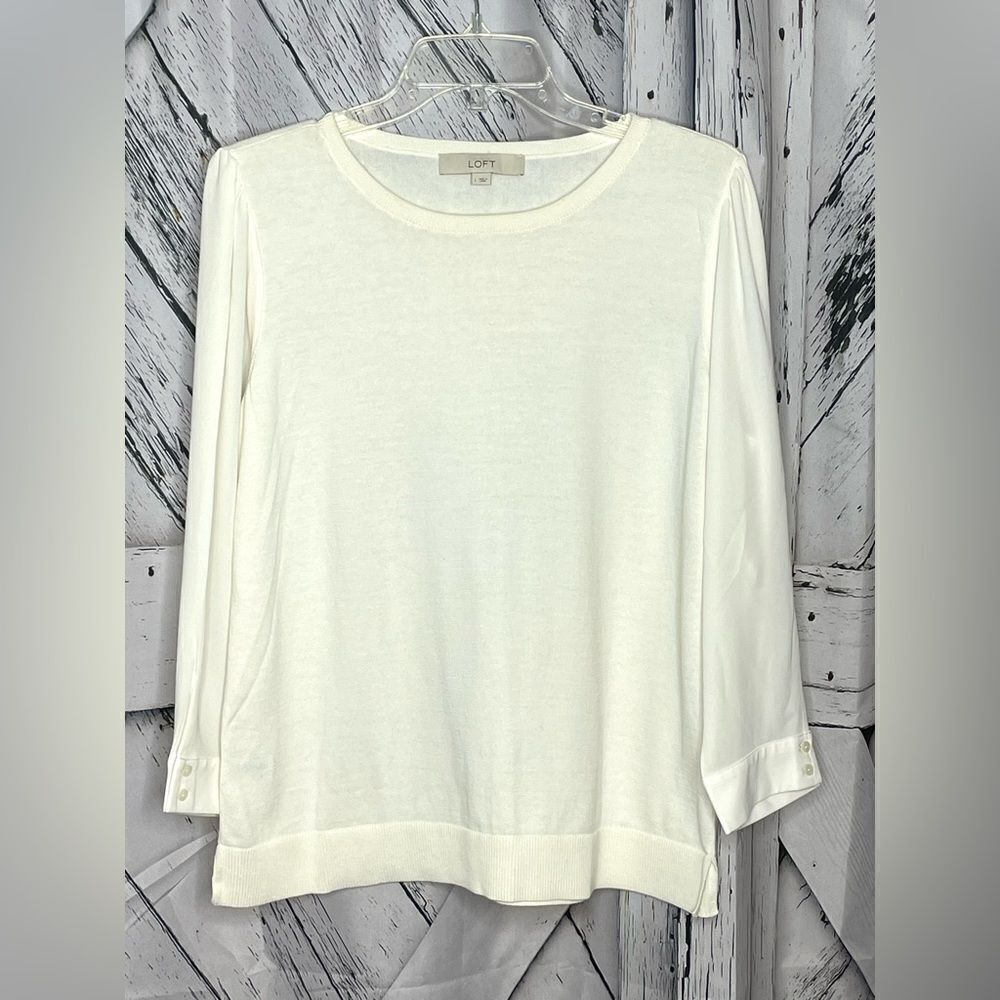 Loft Ivory Cotton Crewneck Sweater with Polyester Sleeves L